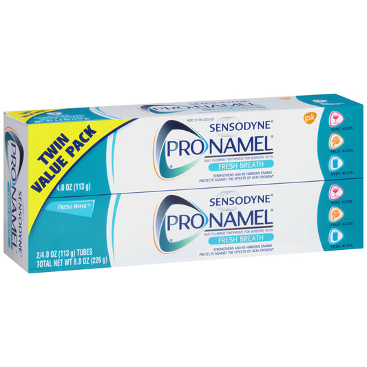 Sensodyne Pronamel Fresh Breath enamel toothpaste in a tube, designed for sensitive teeth and fresh breath.