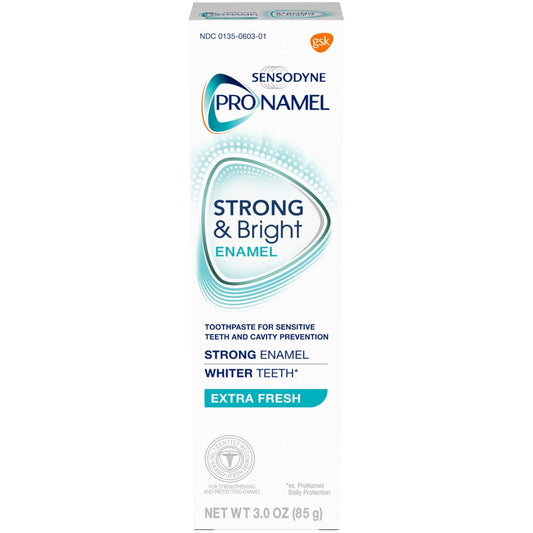 Sensodyne Pronamel Strong and Bright Enamel Toothpaste for Sensitive Teeth, 3 oz, with fresh mint flavor.
