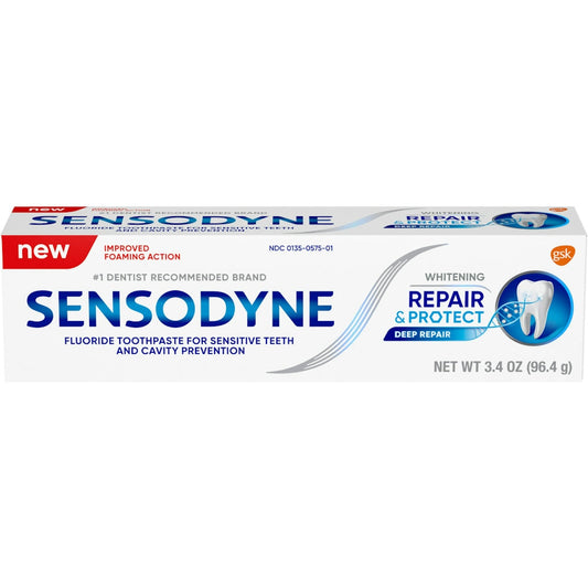 Sensodyne Repair & Protect Whitening Fluoride Toothpaste for sensitive teeth, 3.4 oz, shown in a tube with a white and blue design.