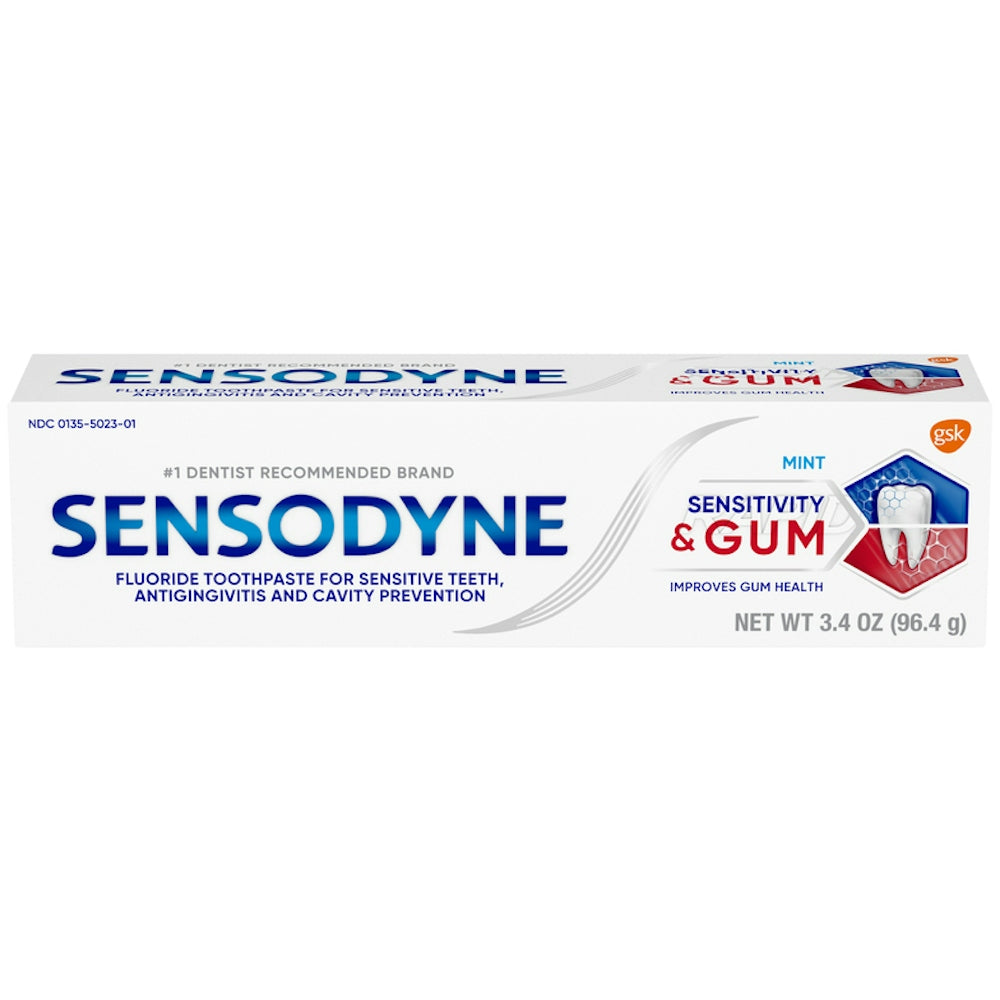 Sensodyne Sensitivity & Gum Mint toothpaste in 3.4 oz tube, featuring fresh mint flavor for sensitive teeth and gum care.