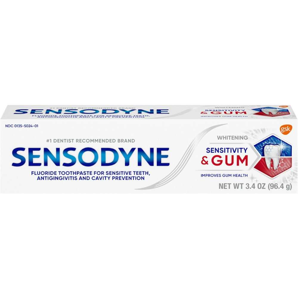 Sensodyne Sensitivity & Gum toothpaste by Pasteur Pharmacy showing the tube for sensitive teeth whitening and gum care.