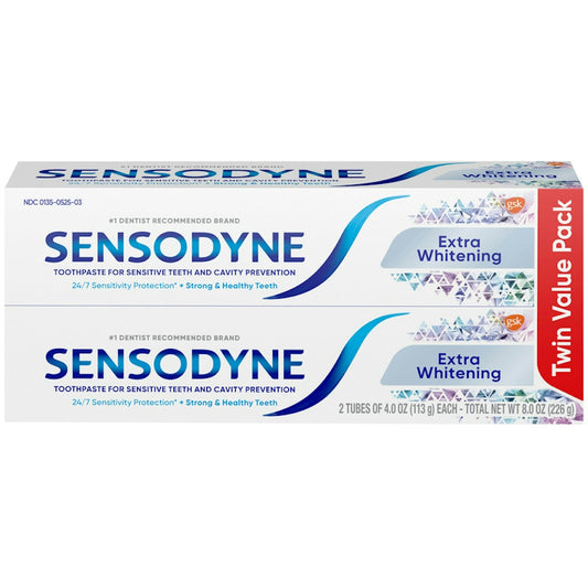 Sensodyne Extra Whitening Toothpaste twin pack by Pasteur Pharmacy, featuring a tube of toothpaste with whitening formula and brand label.
