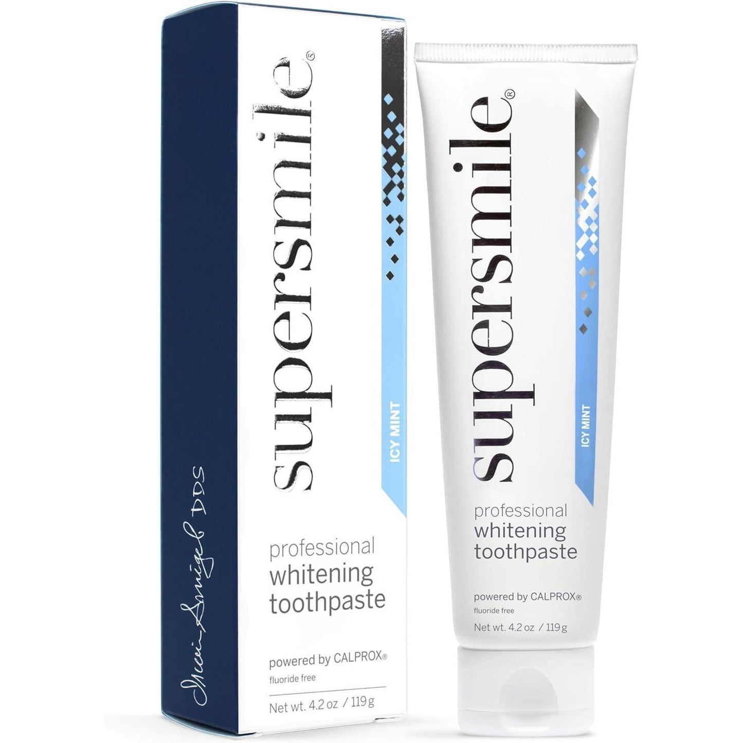 Supersmile ICY Mint fluoride-free toothpaste in a 4.2 oz tube, featuring fresh mint flavor and bright packaging.