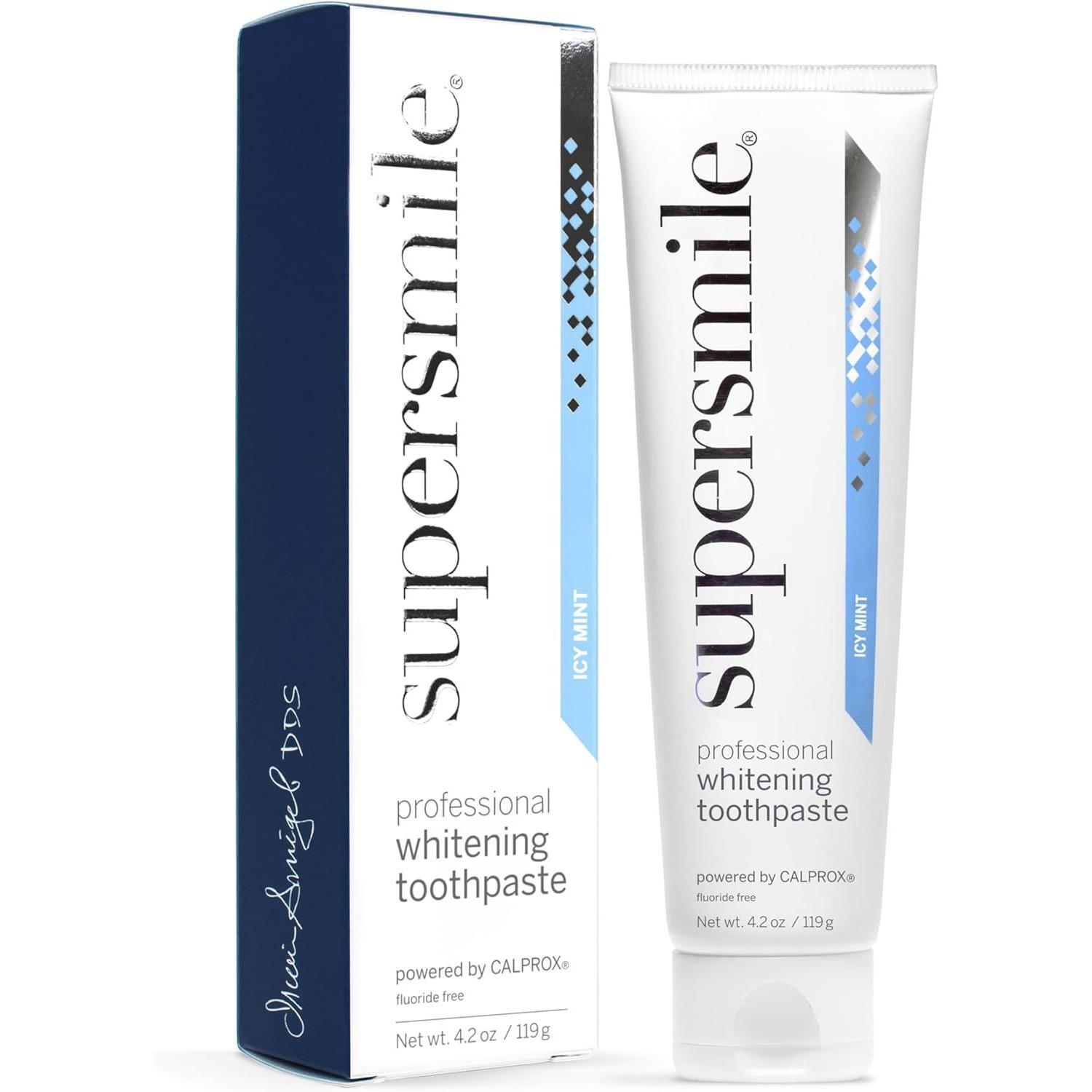 Supersmile ICY Mint fluoride-free toothpaste in a 4.2 oz tube, featuring fresh mint flavor and bright packaging.