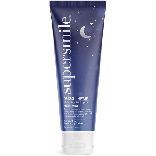 Supersmile Professional Relax Herbal Mint toothpaste in a 4.2 oz tube, featuring herbal mint flavor for fresh breath and oral care.