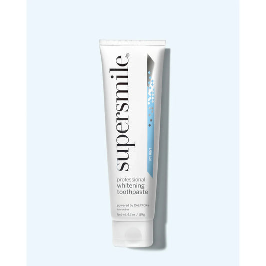 Supersmile Professional Whitening Toothpaste in Icy Mint flavor, 4.2 oz, showing the toothpaste tube with mint flavor branding.