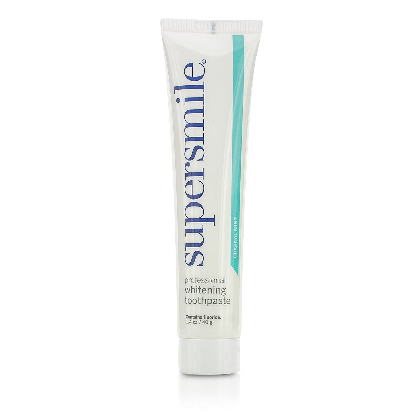 Supersmile Professional Whitening Toothpaste in Original Mint flavor, 1.4 oz tube, featuring a white and blue packaging design.