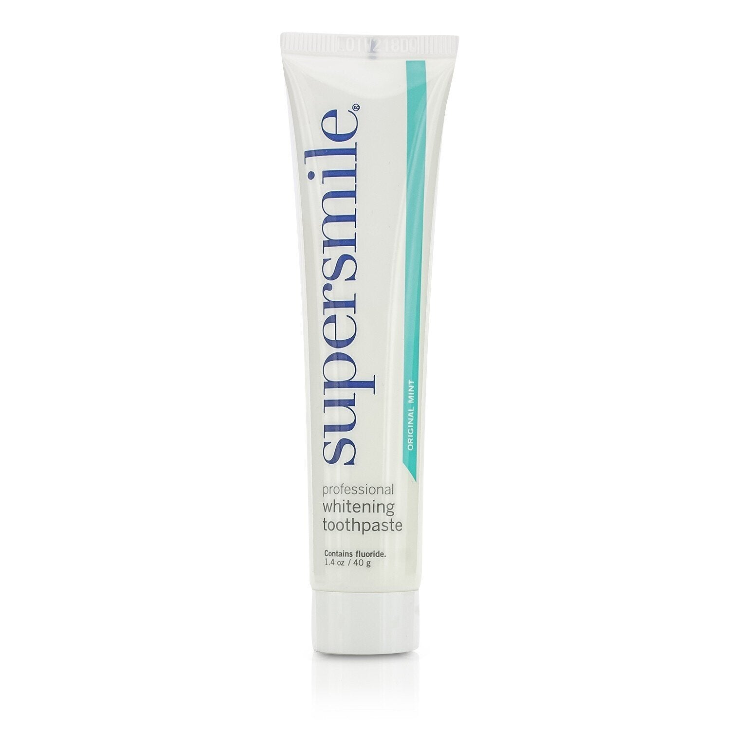Supersmile Professional Whitening Toothpaste in Original Mint flavor, 1.4 oz tube, featuring a white and blue packaging design.