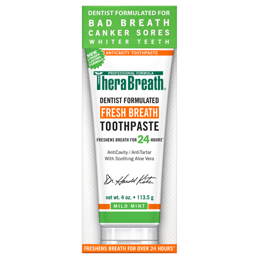 TheraBreath Mild Mint Fresh Toothpaste by Pasteur Pharmacy, 4oz tube, fresh mint flavor, for oral hygiene and fresh breath.