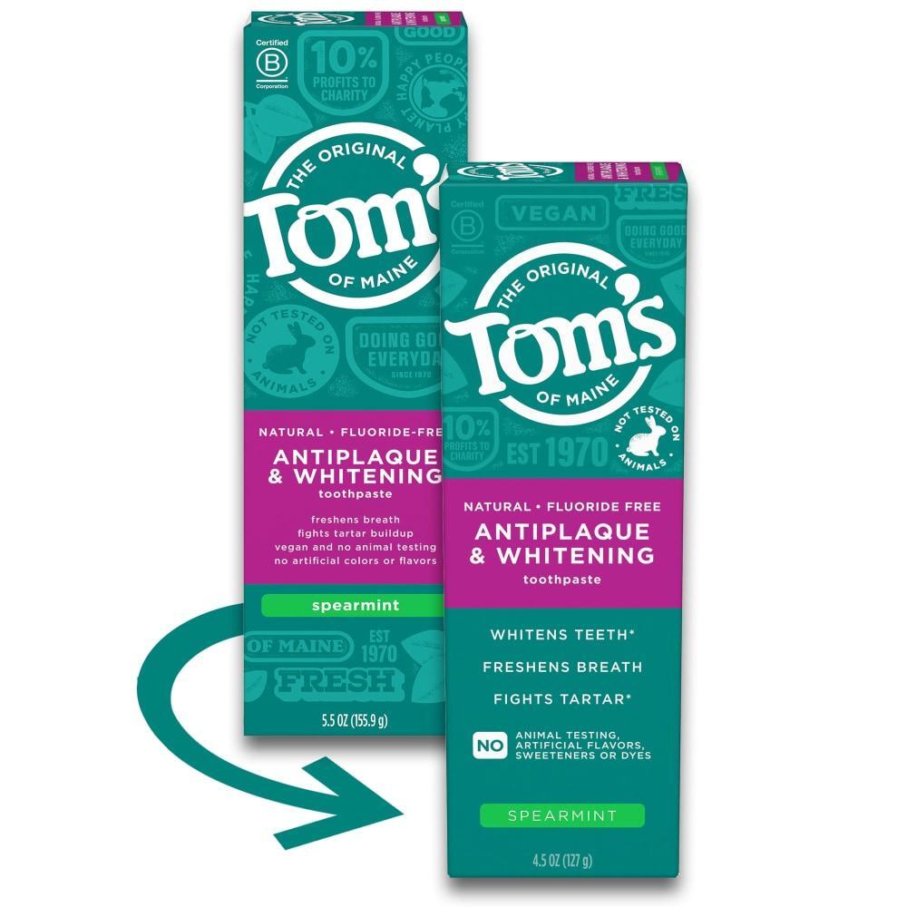 Tom's of Maine fluoride-free antiplaque and whitening spearmint toothpaste in a 4.5 oz tube, displayed on a white background.