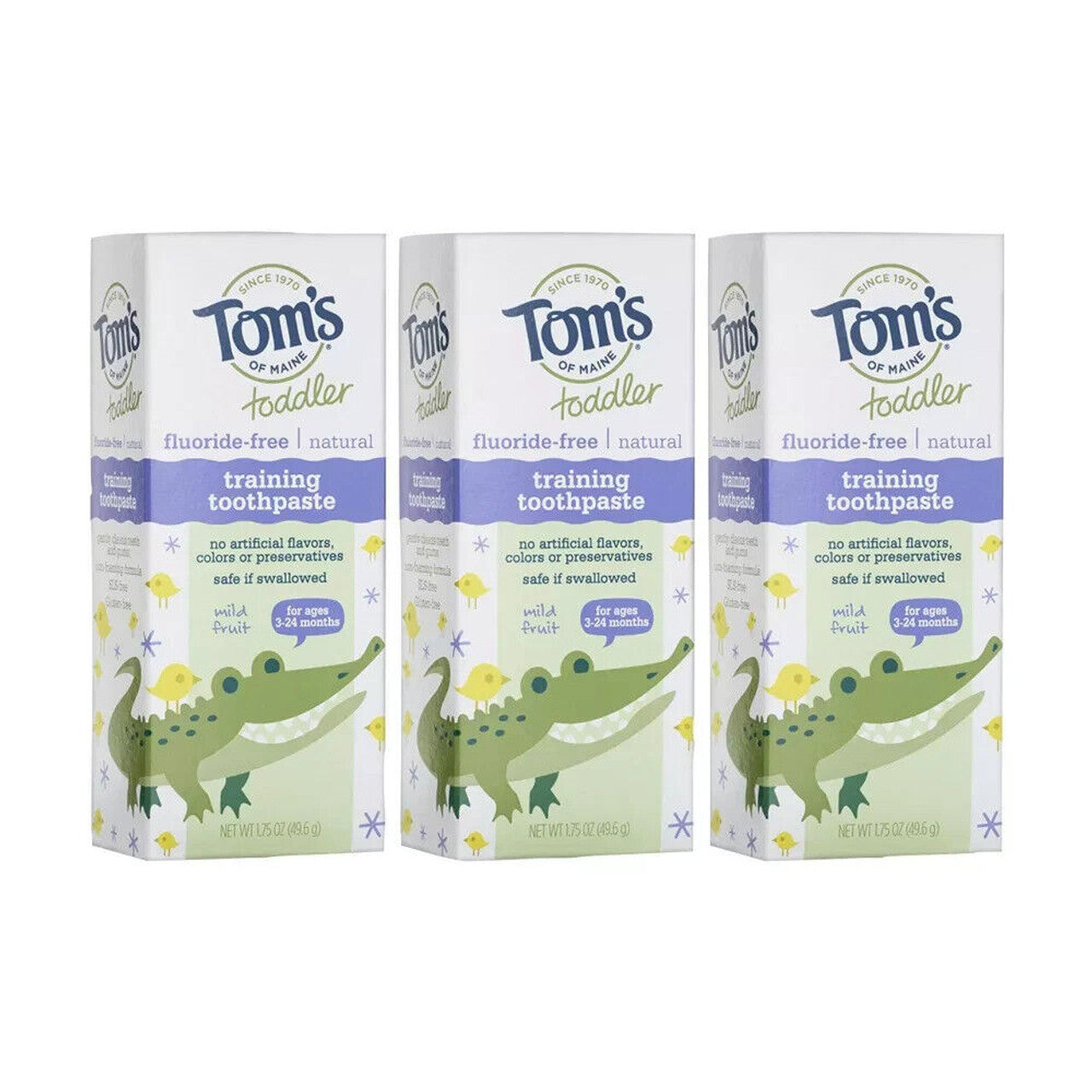 Tom's of Maine fluoride-free mild fruit toothpaste in a 1.75 oz tube, with colorful fruit flavor labeling.