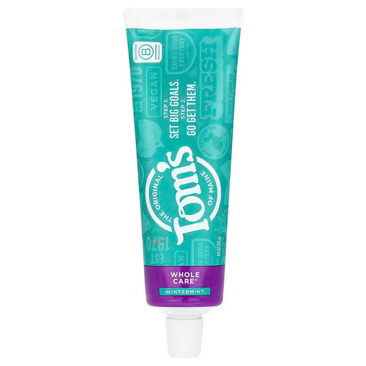 Tom's of Maine Whole Care anti-cavity toothpaste with fluoride and peppermint, 4 oz tube, showing fresh mint flavor packaging.