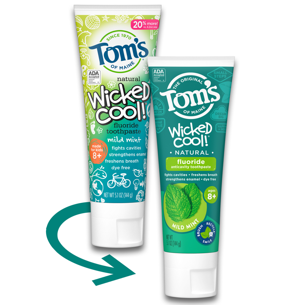 Tom's of Maine Wicked Cool! fluoride natural toothpaste for kids with mild mint flavor, displayed in a tube with colorful packaging.