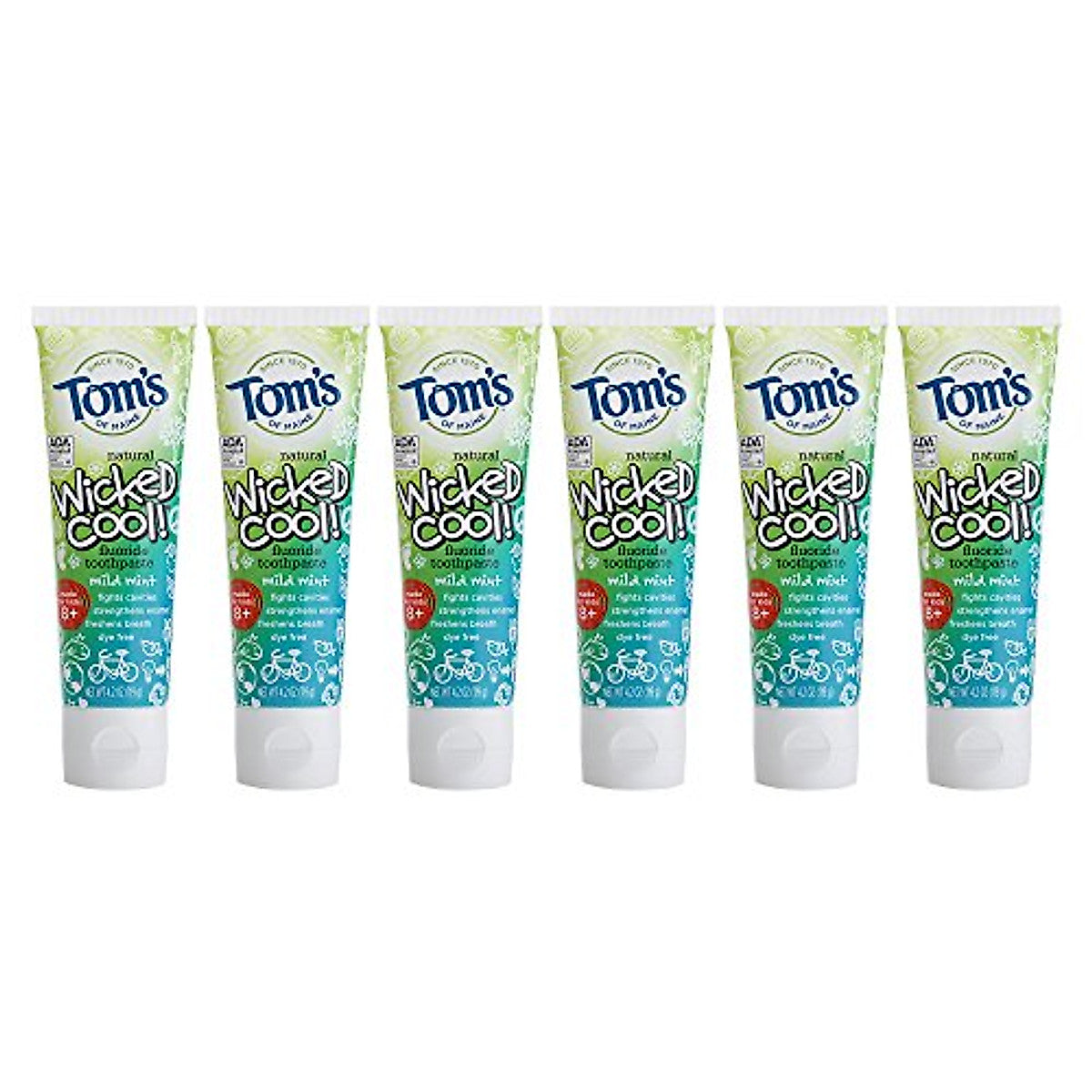 Tom's of Maine Wicked Cool fluoride toothpaste with mild mint flavor, displayed in a tube on a white background.