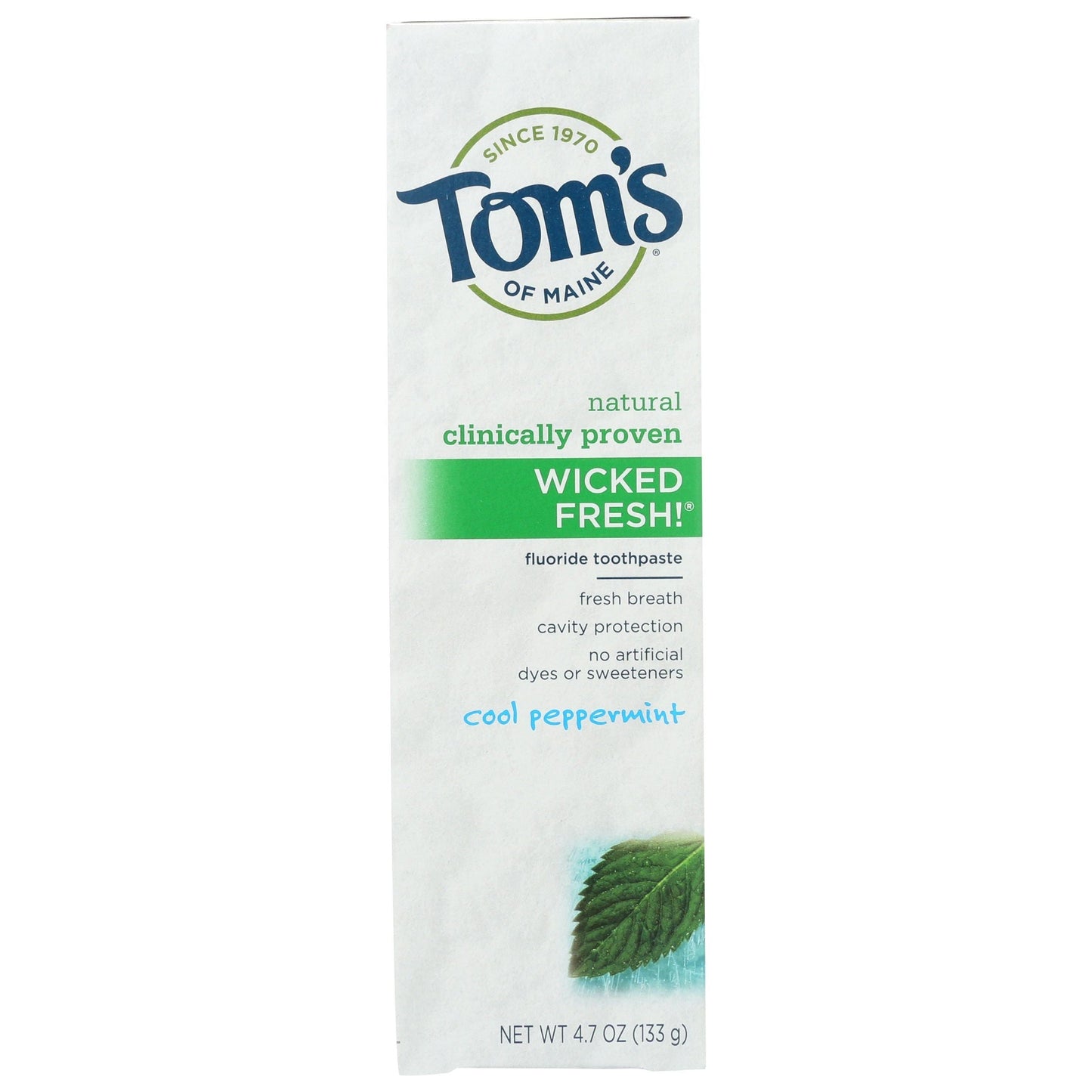 Tom's of Maine Wicked Fresh! fluoride toothpaste with cool peppermint flavor, shown in a tube with mint leaves.
