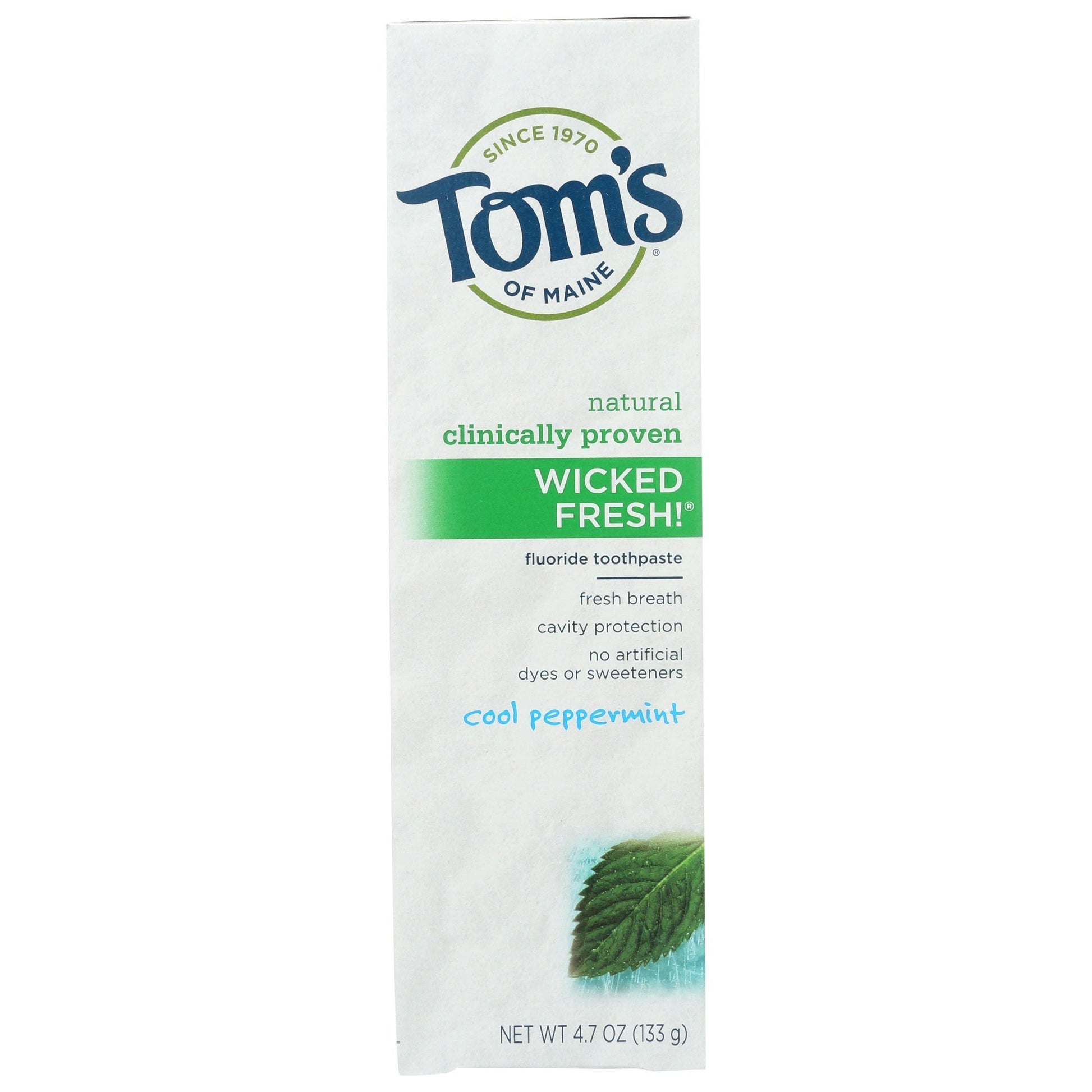 Tom's of Maine Wicked Fresh! fluoride toothpaste with cool peppermint flavor, shown in a tube with mint leaves.