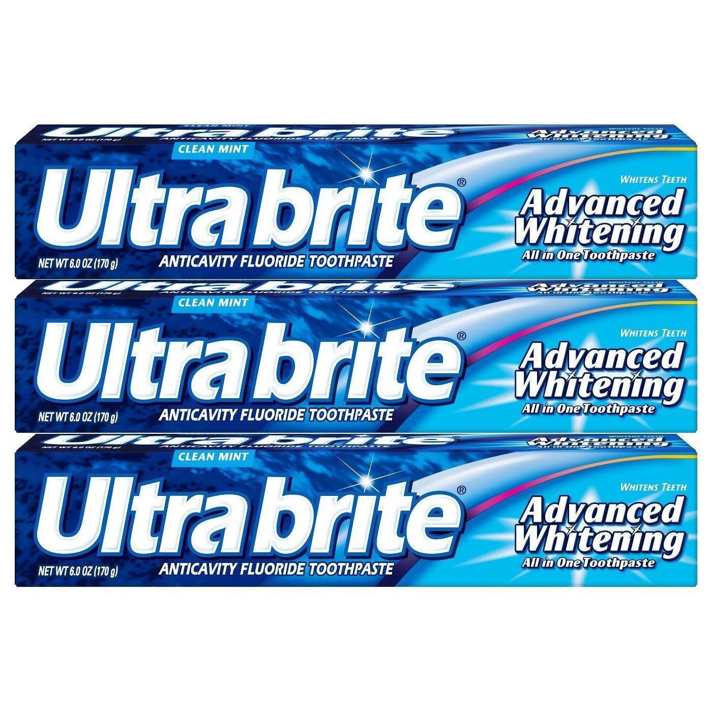 Ultra Brite Advanced Whitening Fluoride Toothpaste in clean mint flavor, 6 oz tube, designed for bright, healthy teeth.