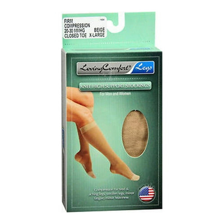 Loving Comfort® beige knee-high support stockings with firm compression, XL size, designed for leg support and circulation.