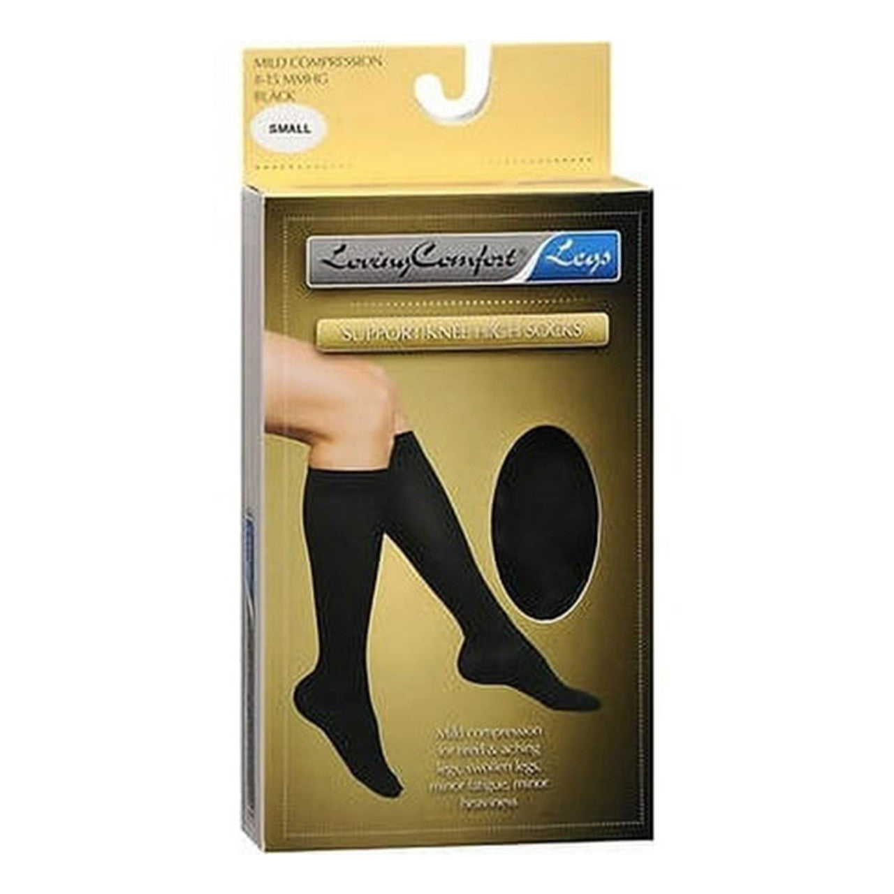 Pair of black Loving Comfort microfiber knee-high stockings with closed toe, compression 10-20mmHg for women, medium size.