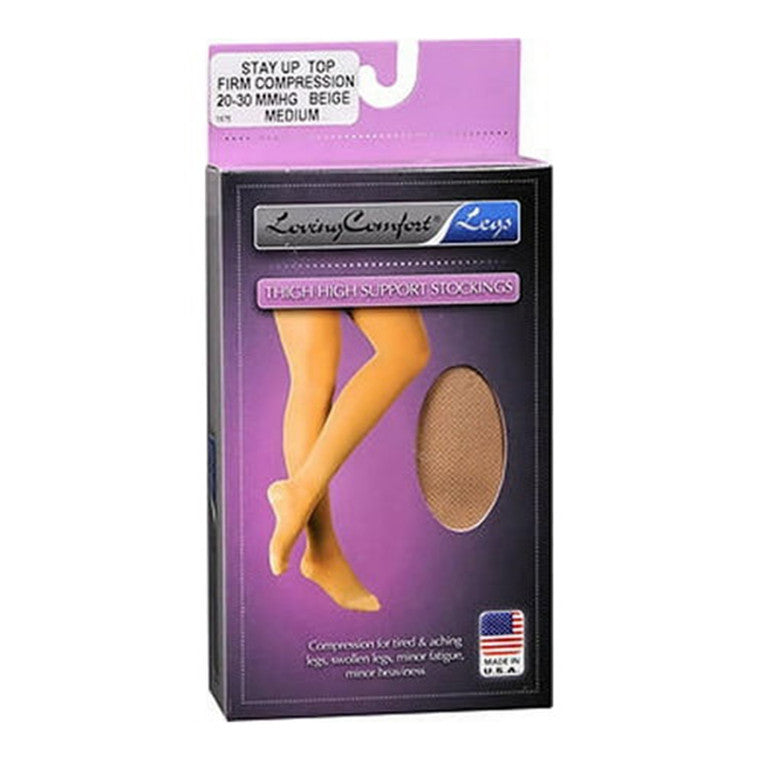 Pair of Loving Comfort Thigh High Support Stockings in firm medium beige, designed for leg support and comfort.