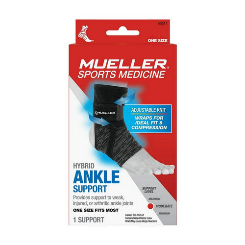Mueller Hybrid Ankle Support Wrap, adjustable ankle brace from Pasteur Pharmacy, shown in neutral color, flexible and supportive.