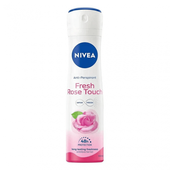 Nivea Fresh Rose Touch Antiperspirant Spray in 150ml bottle, displayed on a touch table computer, with floral rose design.