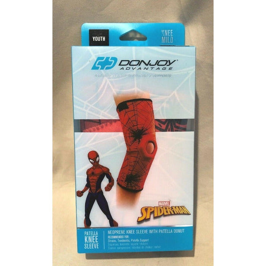 Youth Spider-Man neoprene knee sleeve with patella donut from DonJoy Advantage Marvel Avengers collection, designed for active kids
