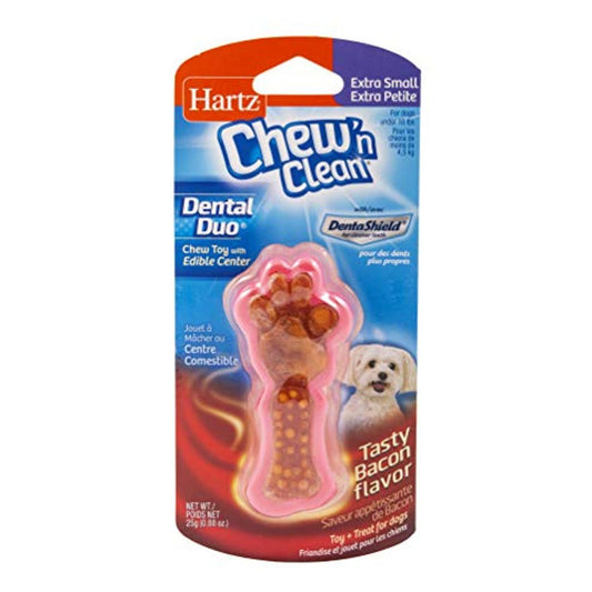 Hartz Chew'n Clean small bacon-flavor chewy toy for dogs, 25g, designed for durability and fun.
