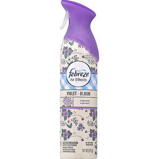 Febreze Air Effects Violet Bloom air refresher in aerosol can, designed for freshening indoor air and eliminating odors.