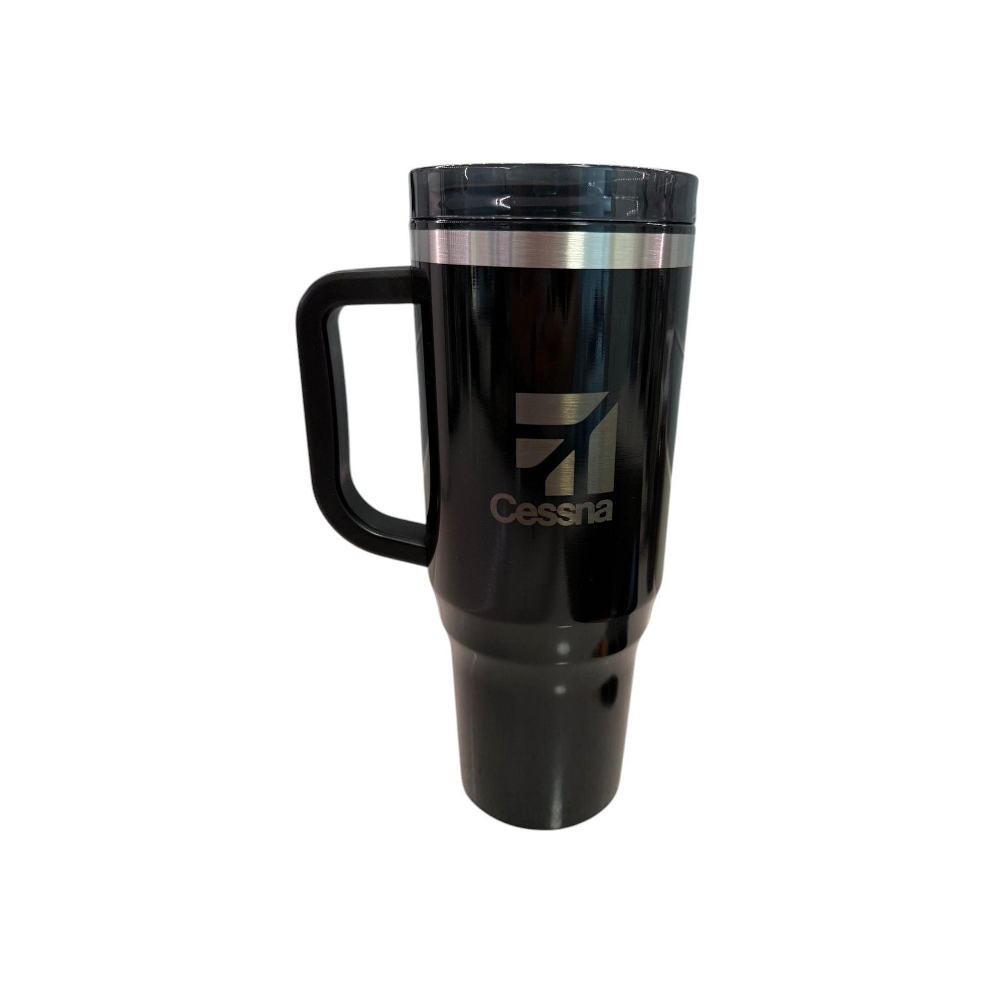 Cessna stainless steel travel mug with handle and lid, insulated aviation pilot coffee tumbler, 40 oz capacity.