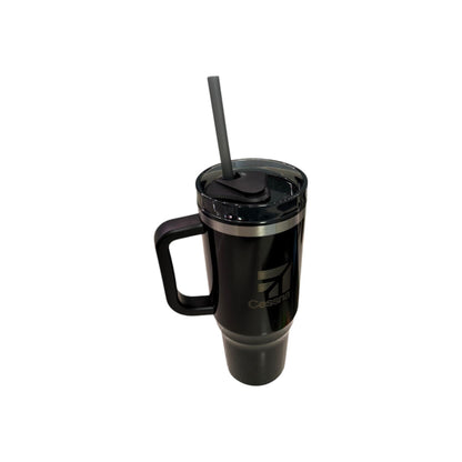 Cessna stainless steel travel mug with handle and lid, insulated aviation pilot coffee tumbler, 40 oz capacity.