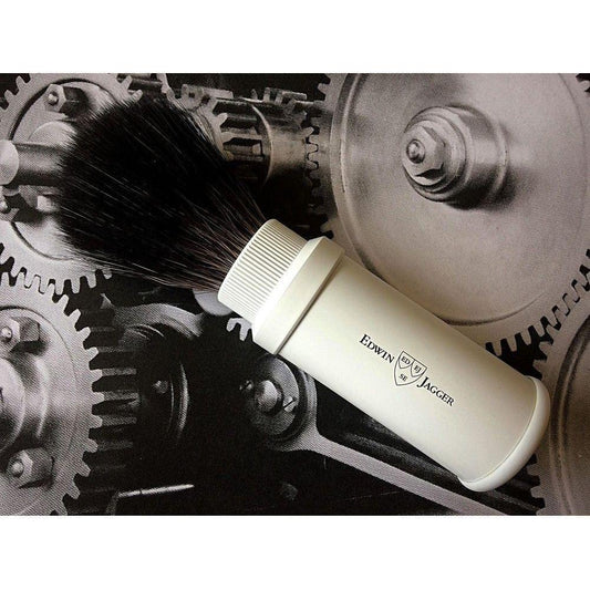 Edwin Jagger White Travel Black Synthetic Shaving Brush, compact travel grooming tool with synthetic bristles and sleek design