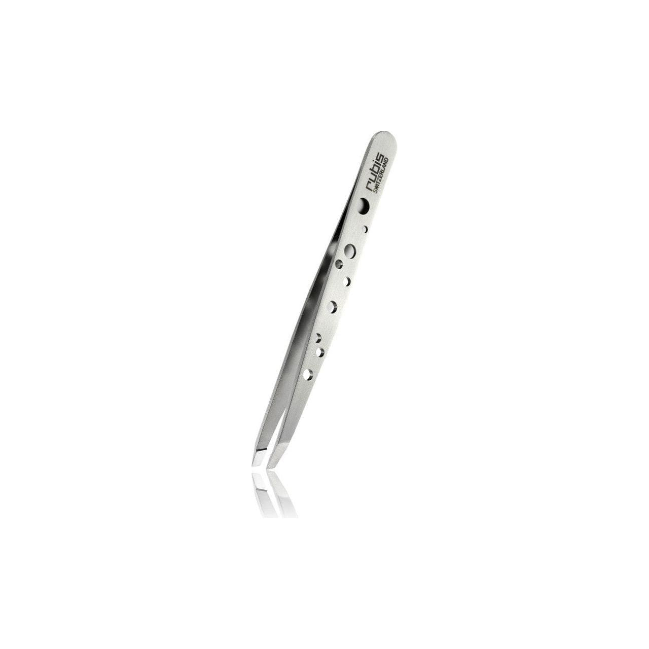 Rubis Switzerland slant tweezer with stainless steel tips, designed for precise eyebrow and eyelash grooming.
