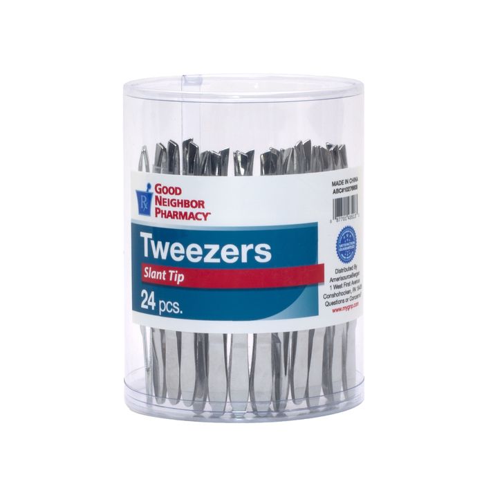 Set of 24 Pasteur Pharmacy GNP slant tip tweezers displayed in a drum, ideal for precise hair and eyebrow grooming.