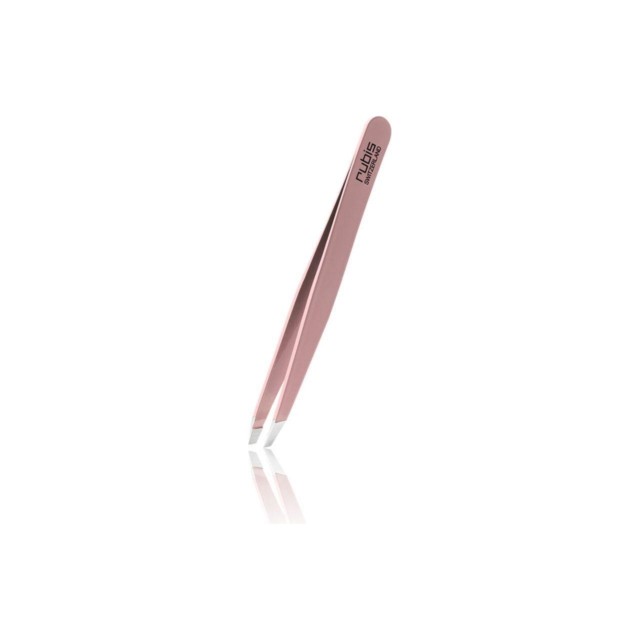 Rubis Switzerland slant tweezers, high-precision stainless steel tweezer for grooming and beauty tasks, shown in close-up image.