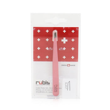 Matte pink Rubis Switzerland slant tweezer for precise eyebrow and eyelash grooming, featuring a high-quality stainless steel tip.