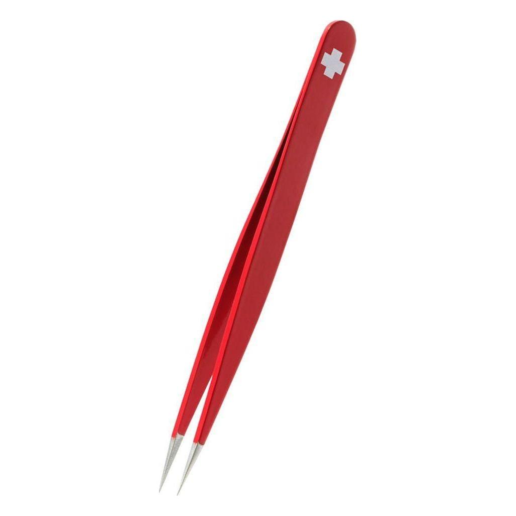 Rubis Pointed Elegance Tweezers in red with Swiss cross logo, 9.5cm, designed for precision grooming and beauty tasks.