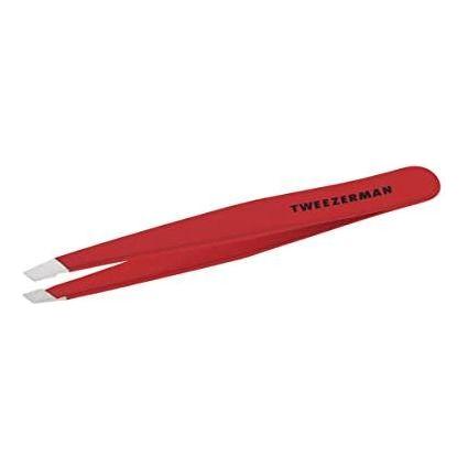 Red Tweezerman Fresh & Fruity Mini Slant Tweezer, precision stainless steel eyebrow tweezers with slanted tips.