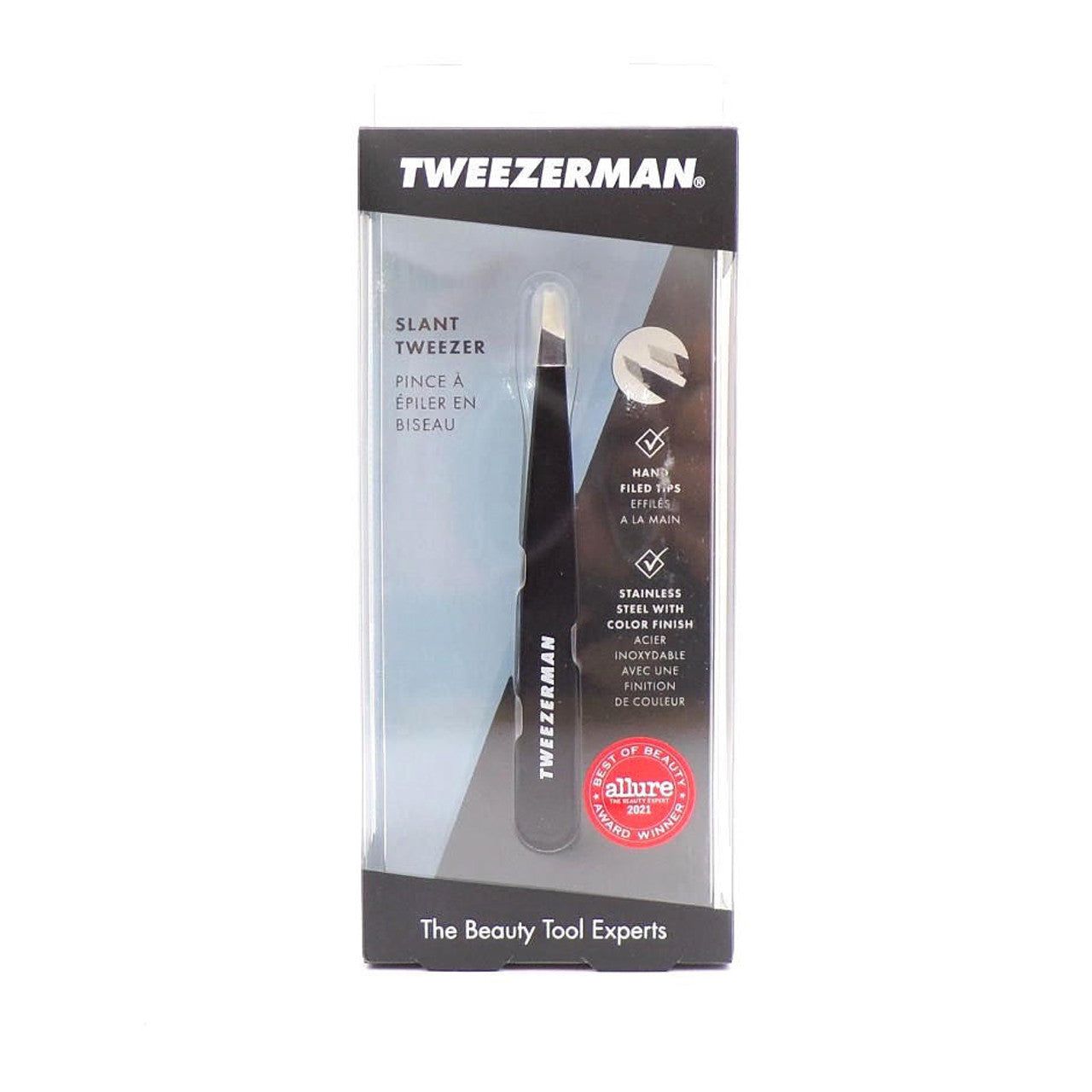 Tweezerman Midnight Sky Slant Tweezers with a sleek dark blue finish, designed for precise eyebrow grooming.