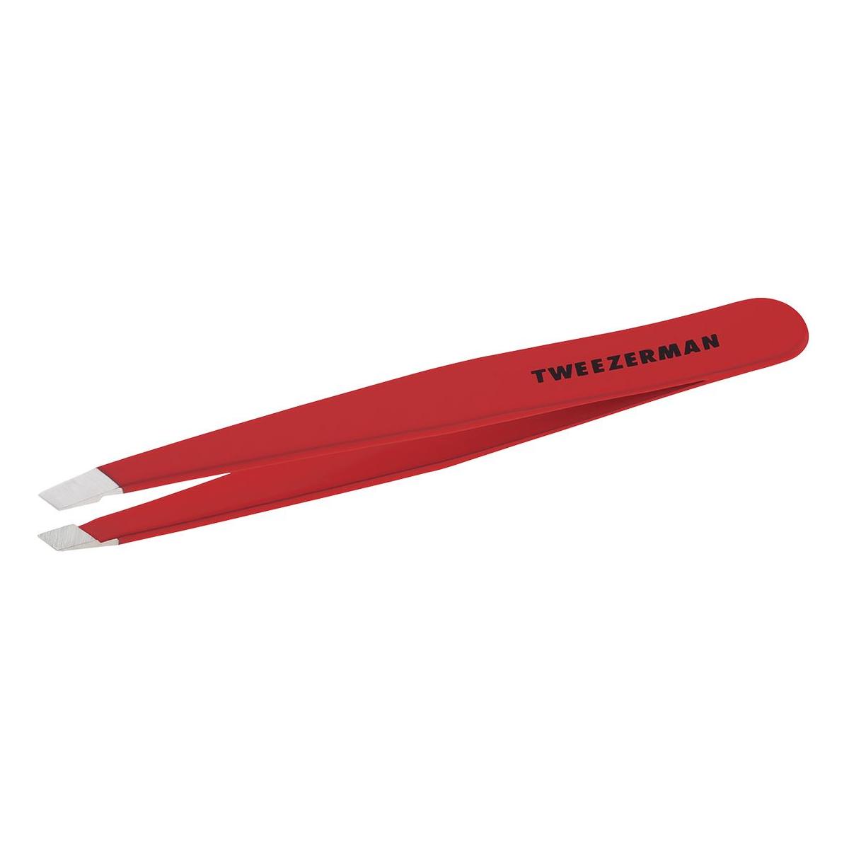 Red Tweezerman Slant Tweezer with precision tips, designed for perfect eyebrow shaping and hair removal.