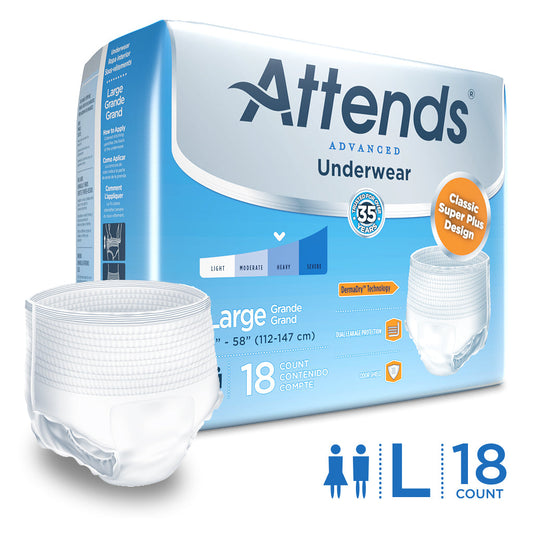 Attends Advanced Heavy Absorbency Protective Underwear in large size, 18 count package, designed for adult incontinence protection.