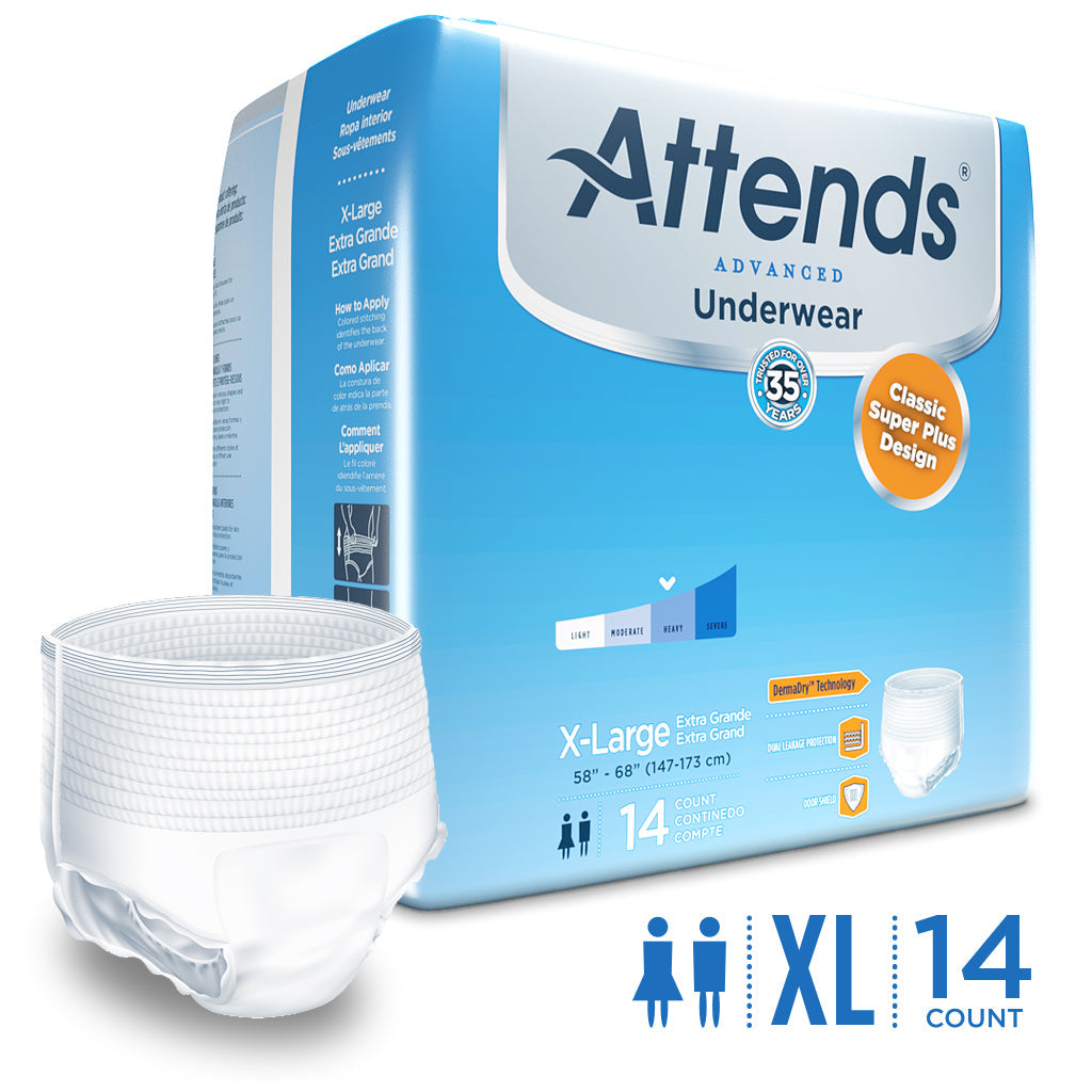 Attends Advanced Underwear by Pasteur Pharmacy, heavy absorbency adult underwear shown in a neutral-colored design.