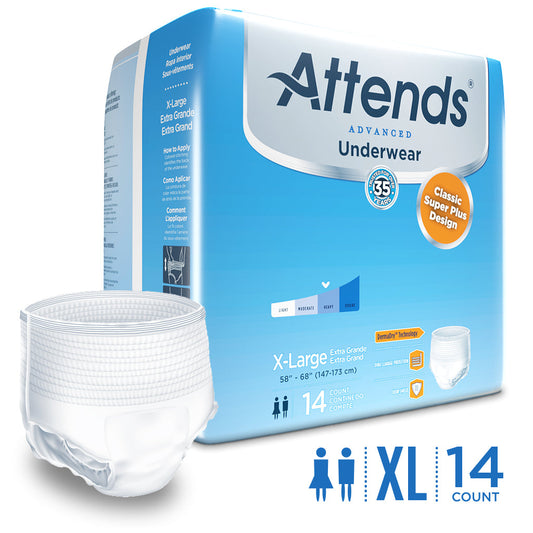 Attends Advanced Underwear by Pasteur Pharmacy, heavy absorbency adult underwear shown in a neutral-colored design.