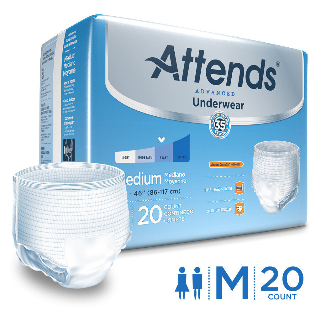 Unisex Attends Advanced absorbent underwear in medium size, designed for heavy absorbency, by Pasteur Pharmacy.