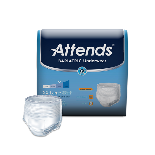 Attends bariatric underwear with heavy absorbency, designed for comfortable, secure fit for individuals with special needs.