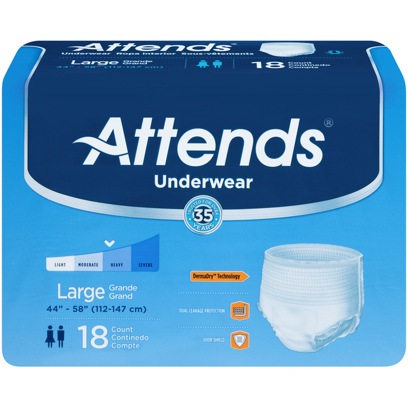 Attends Extra Absorbency Large underwear, white fabric with blue waistband, designed for adult incontinence protection.