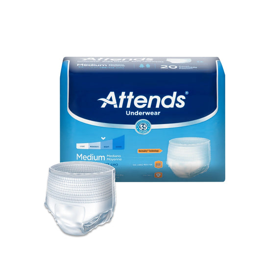 White Attends medium adult moderate absorbent underwear, designed for comfort and discreet protection.