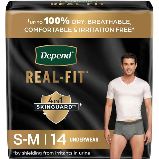 Grey Depend Real Fit incontinence underwear for men, disposable, small/medium, with maximum absorbency, shown on a plain background.