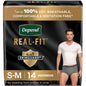 Grey Depend Real Fit incontinence underwear for men, disposable, small/medium, with maximum absorbency, shown on a plain background.