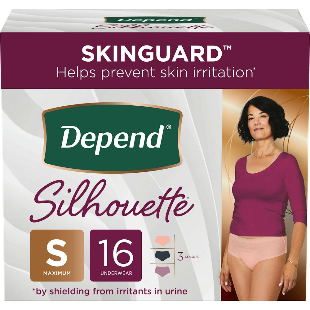 Pink Depend Silhouette incontinence and postpartum underwear for women, maximum absorbency, comfortable fit, displayed on a neutral background.
